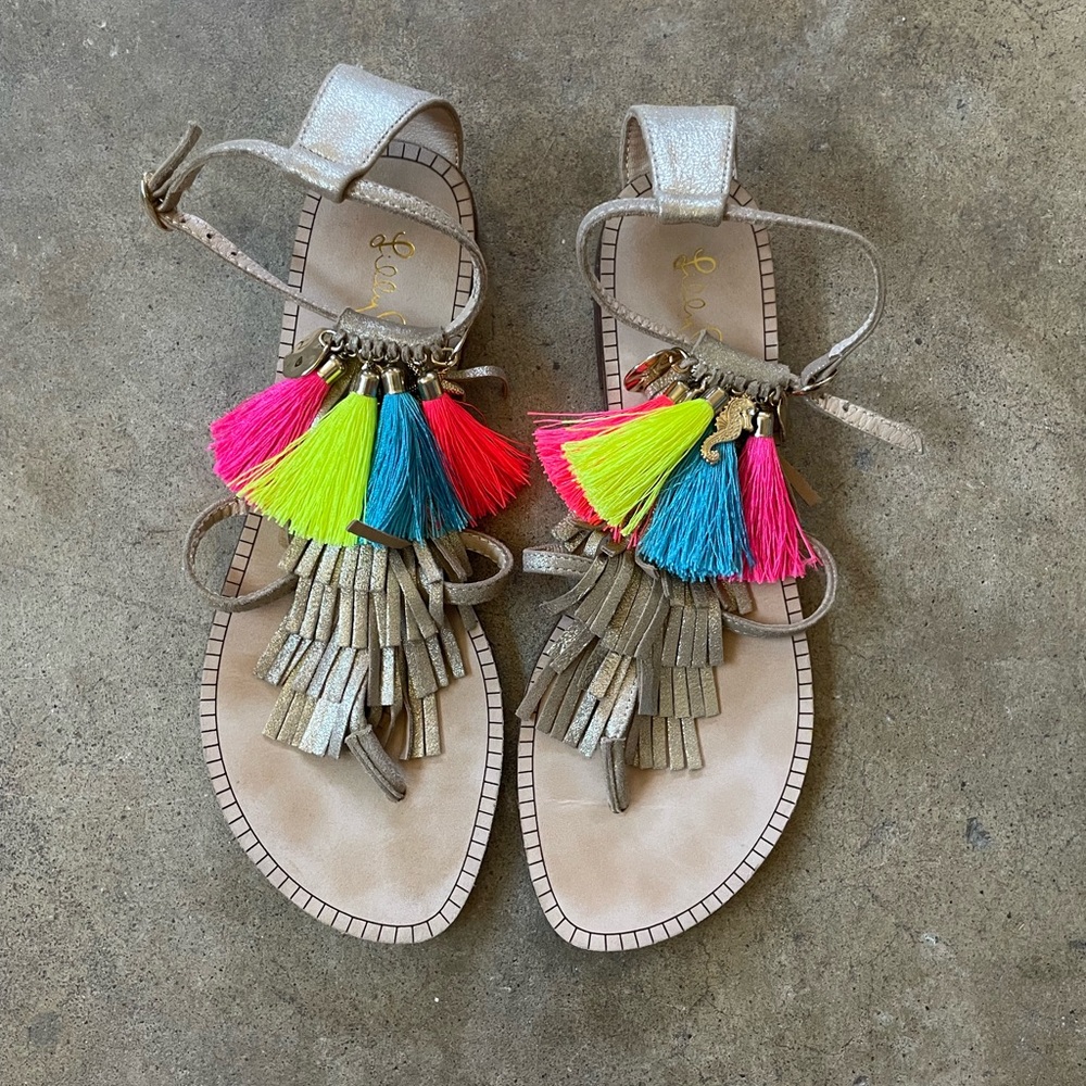 Lilly Pulitzer Zoe Pink and Yellow Bohemian Sandals Tassel Fringe Beachy